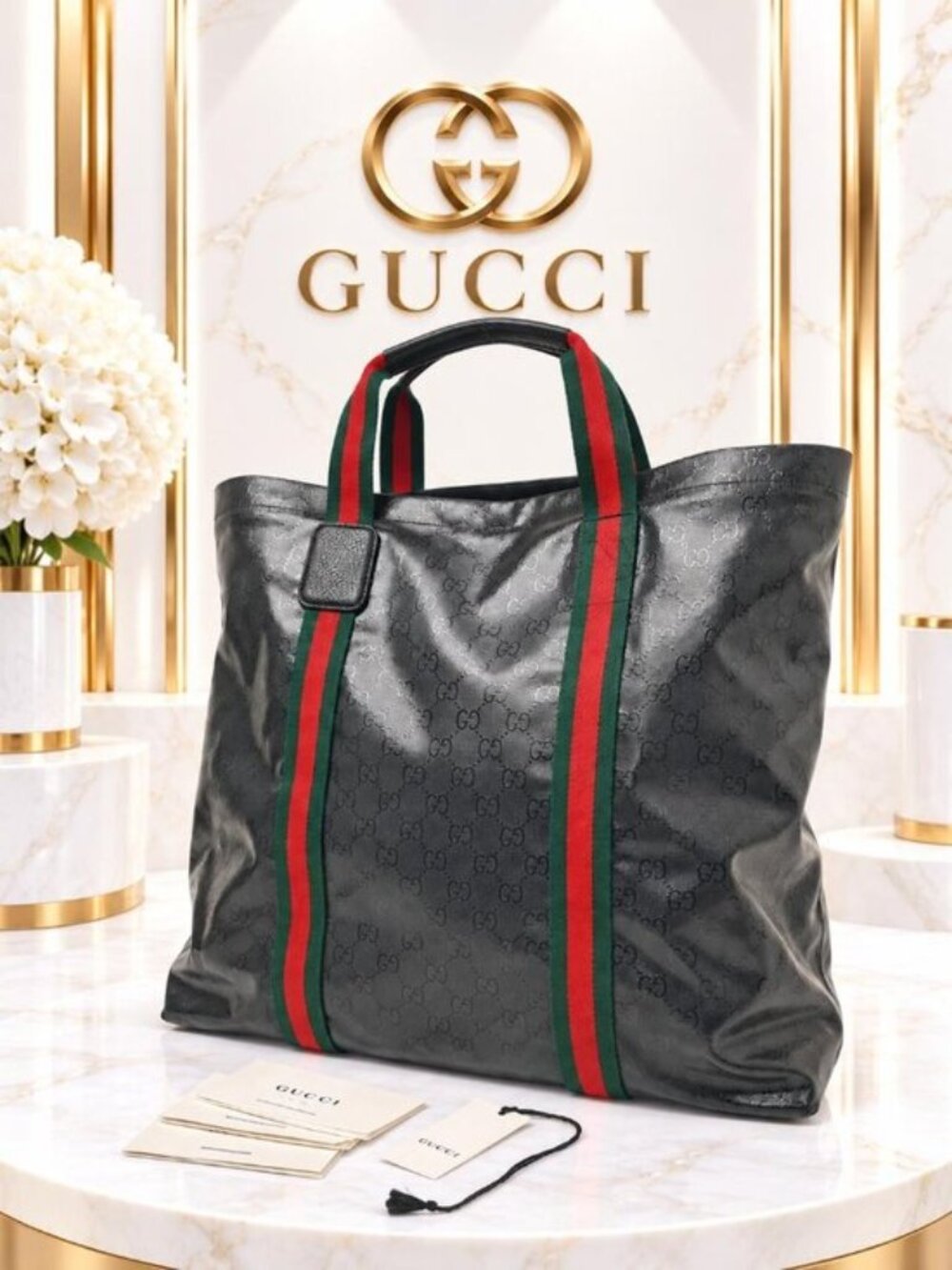 Authentic Gucci GG Imprime Web Stripe Large Tote Bag Black Red Green Vintage Lux